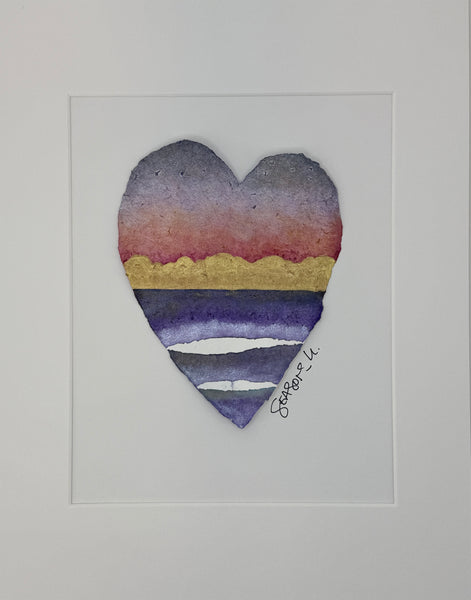 Golden Purple Sunset Heart 11 x 14  - Original Watercolor Paintings By Seasons Kaz Sparks