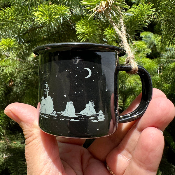 Moon Over Three Graces - Mini Enamel Campfire Espresso Mugs or Ornaments 3oz