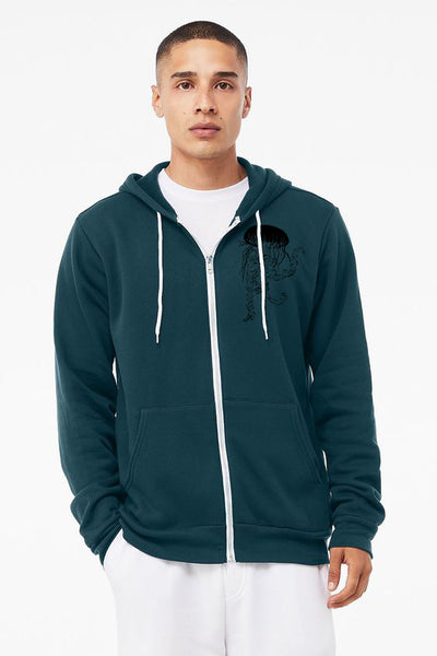 Vogue Jellyfish Deep Dark Aqua Ultra Soft Sponge Fleece Zipped Hoodie