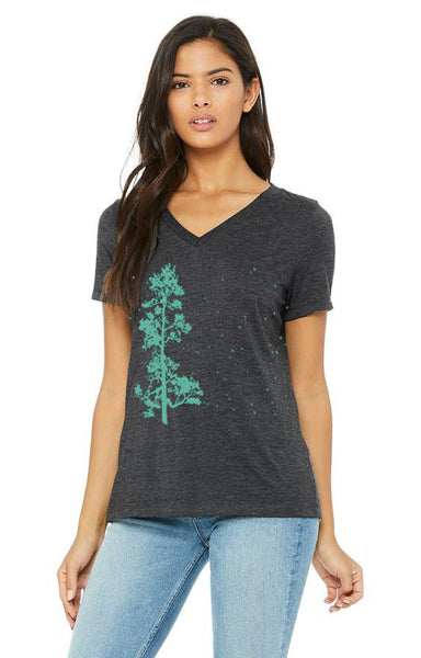 Pine Tree Flock V-Neck Tee - Women's Dark Grey Heather