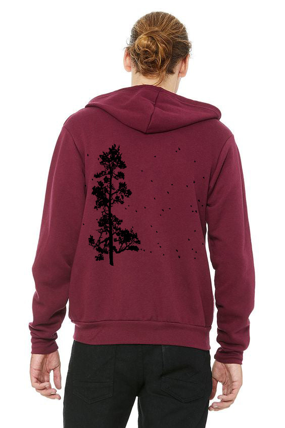Pine Tree Flock Ultra Soft Zip up Hoodie Unisex Maroon Salty Raven