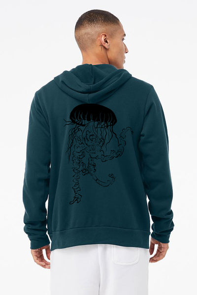 Vogue Jellyfish Deep Dark Aqua Ultra Soft Sponge Fleece Zipped Hoodie