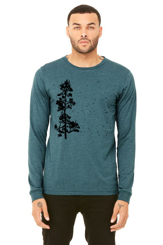 Pine Tree Flock T-Shirt - Long Sleeve Unisex Heather Deep Teal and