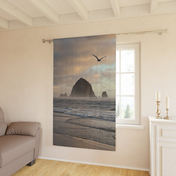 Seagull Over Haystack Rock Window Curtain | Coastal Beach Scene Curtain