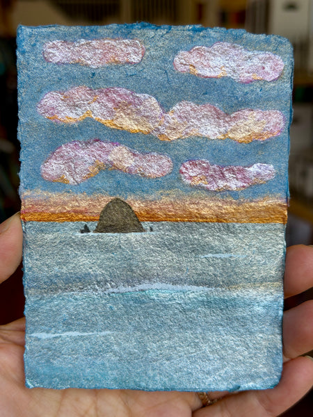 After the Storm 8x10  - Original Haystack Rock Landscape Watercolor Paintings By Seasons Kaz Sparks