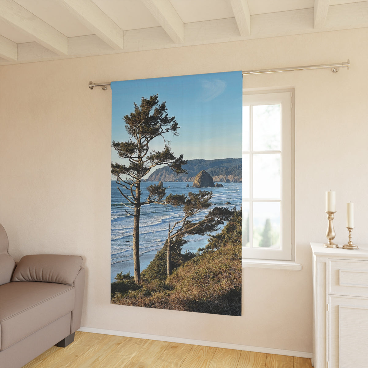 Haystack Rock from 101 Window Curtain | Coastal Beach Scene Curtain ...