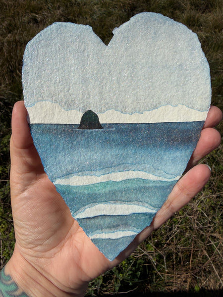 Deep Blue Sea Haystack Heart 11 x 14  - Original Watercolor Paintings By Seasons Kaz Sparks