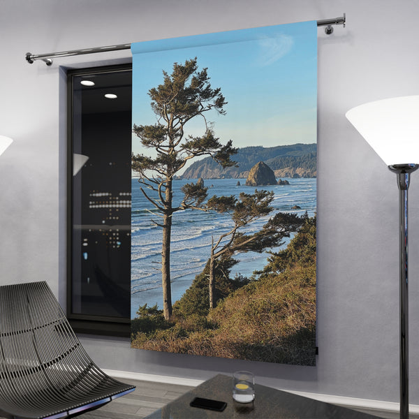 Haystack Rock from 101 Window Curtain | Coastal Beach Scene Curtain