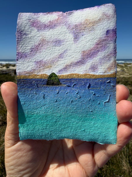 Purple skies over Haystack 8x10  - Original Haystack Rock Landscape Watercolor Paintings By Seasons Kaz Sparks