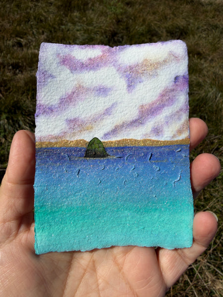 Purple skies over Haystack 8x10  - Original Haystack Rock Landscape Watercolor Paintings By Seasons Kaz Sparks