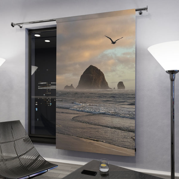 Seagull Over Haystack Rock Window Curtain | Coastal Beach Scene Curtain