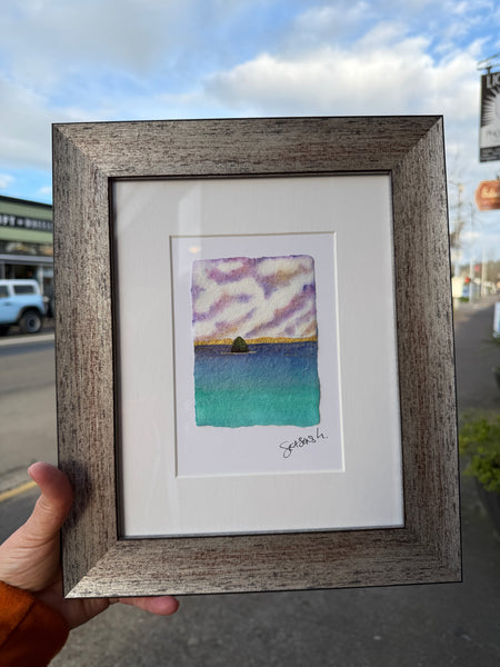 Purple skies over Haystack 8x10  - Original Haystack Rock Landscape Watercolor Paintings By Seasons Kaz Sparks