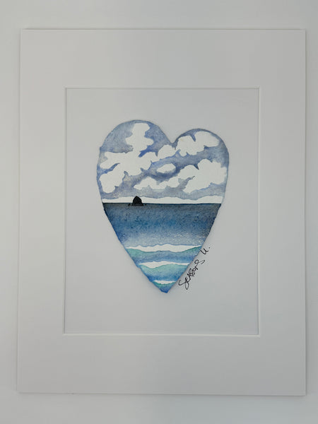 Haystack Blue Day Heart 11 x 14  - Original Watercolor Paintings By Seasons Kaz Sparks