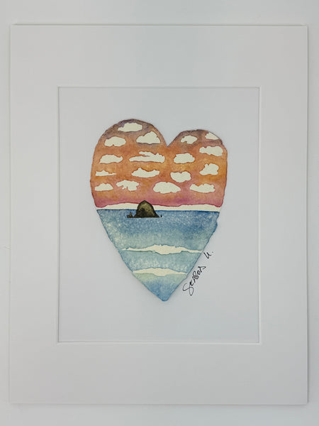 Warm Haystack Sunset Heart 11 x 14  - Original Watercolor Paintings By Seasons Kaz Sparks