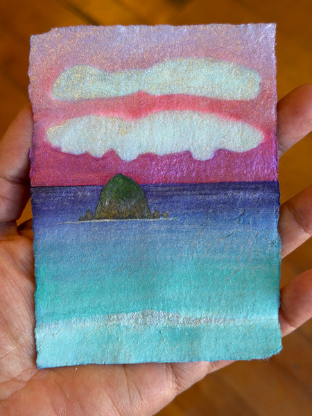 Strawberry Skies Forever 8x10  - Original Haystack Rock Landscape Watercolor Paintings By Seasons Kaz Sparks