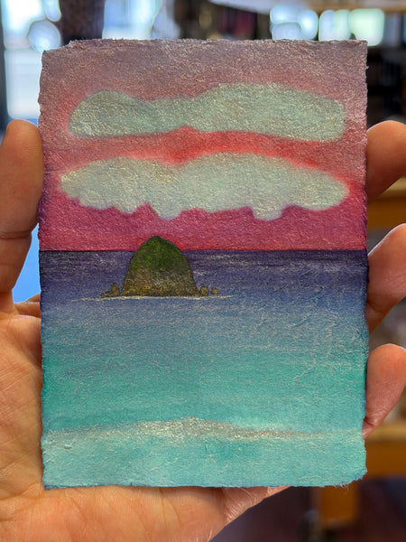 Strawberry Skies Forever 8x10  - Original Haystack Rock Landscape Watercolor Paintings By Seasons Kaz Sparks