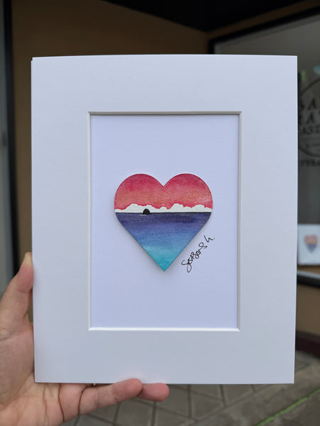 Crimson Sunset Haystack mini Heart Painting 8x10 in matting- Original Watercolor Paintings By Seasons Kaz Sparks