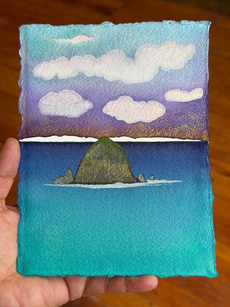 From Sea to Sky 11 x 14  - Original Haystack Rock Landscape Watercolor Paintings By Seasons Kaz Sparks
