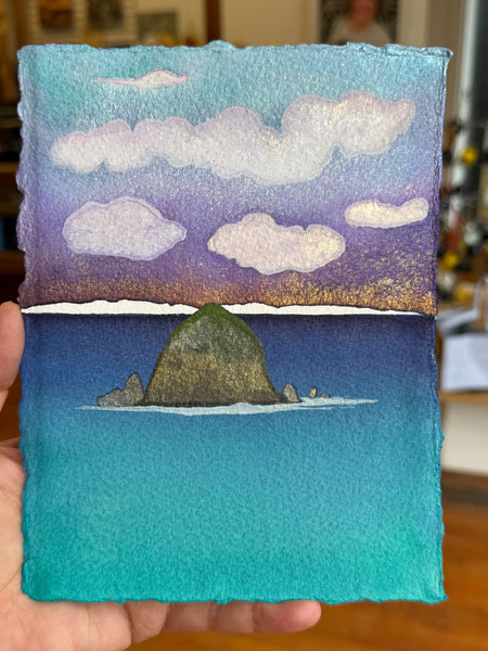From Sea to Sky 11 x 14  - Original Haystack Rock Landscape Watercolor Paintings By Seasons Kaz Sparks