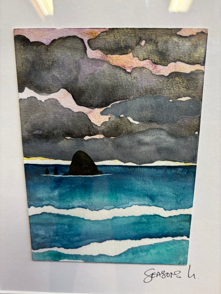Storm Clouds Forming 11 x 14  - Original Haystack Rock Landscape Watercolor Paintings By Seasons Kaz Sparks