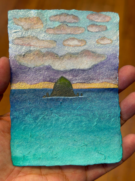 A Perfect Beach Day 8x10  - Original Haystack Rock Landscape Watercolor Paintings By Seasons Kaz Sparks
