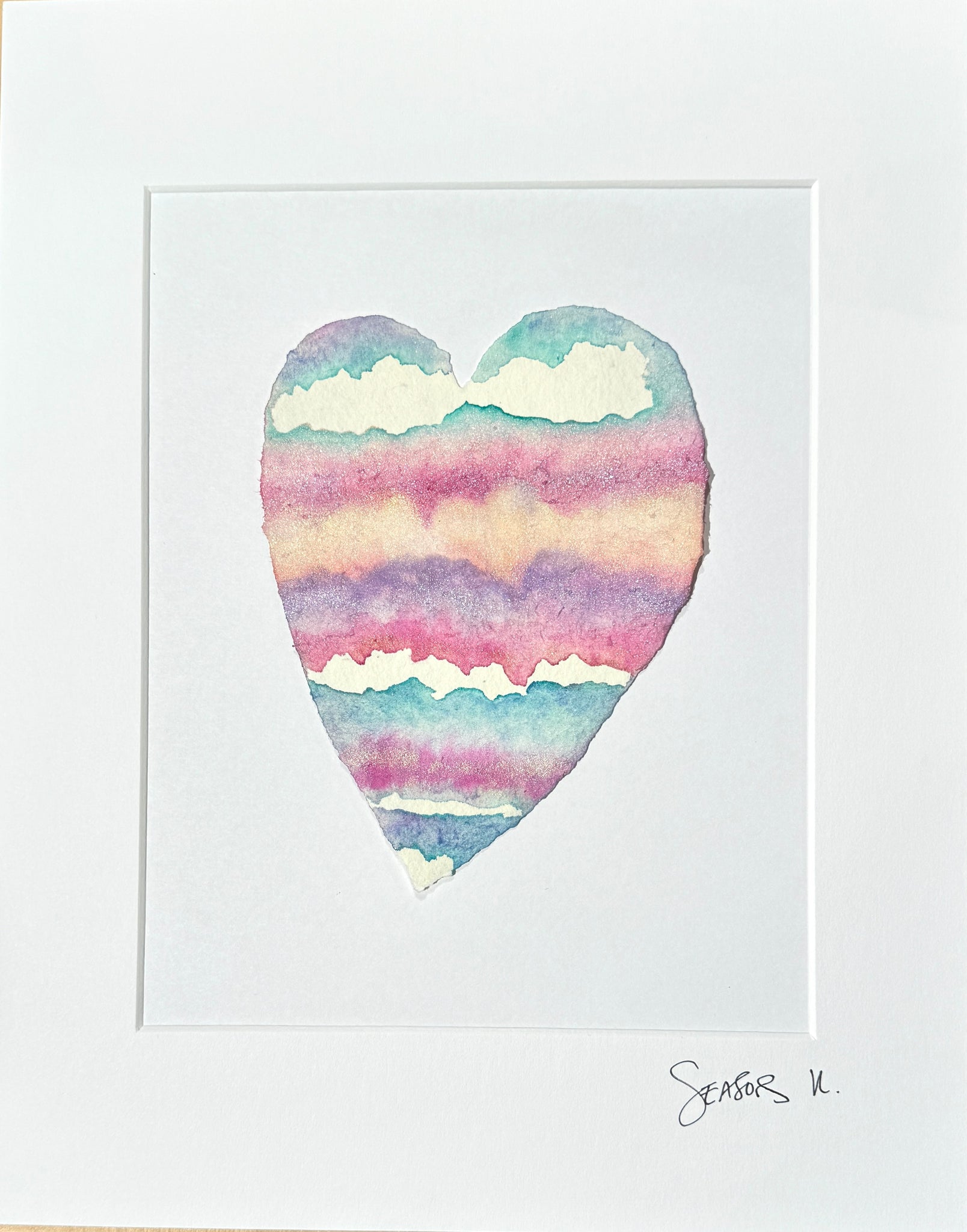 Summer Love Sunset Heart 11 x 14  - Original Watercolor Paintings By Seasons Kaz Sparks