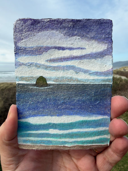 Stormy Blues 8x10  - Original Haystack Rock Landscape Watercolor Paintings By Seasons Kaz Sparks