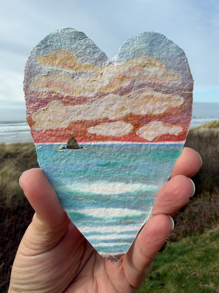 A Sunset to Dream About Heart 8x10  - Original Haystack Rock Landscape Watercolor Paintings By Seasons Kaz Sparks