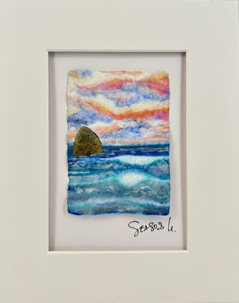 Golden Sunset Sea stack 8x10  - Original Watercolor Paintings By Seasons Kaz Sparks