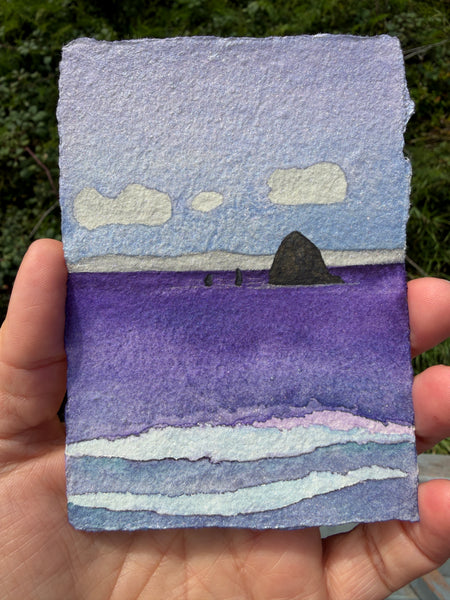 Winter's Night 8x10  - Original Haystack Rock Landscape Watercolor Paintings By Seasons Kaz Sparks