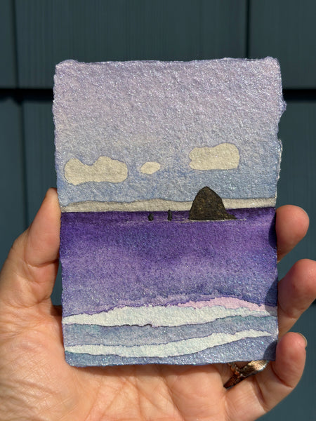 Winter's Night 8x10  - Original Haystack Rock Landscape Watercolor Paintings By Seasons Kaz Sparks
