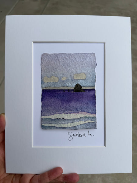 Winter's Night 8x10  - Original Haystack Rock Landscape Watercolor Paintings By Seasons Kaz Sparks