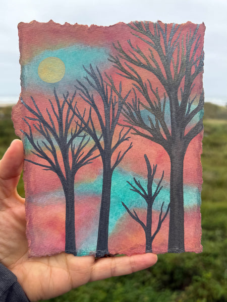 Winter Moonrise 11 x 14  - Original Watercolor Paintings By Seasons Kaz Sparks