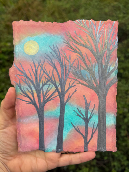 Winter Moonrise 11 x 14  - Original Watercolor Paintings By Seasons Kaz Sparks
