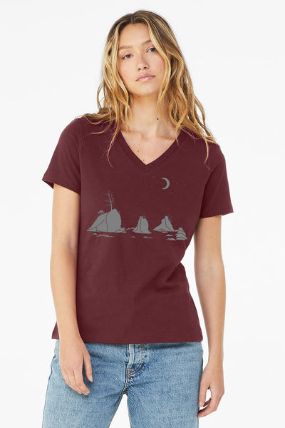 Moon Over Three Graces Ladies Cut V-Neck T-Shirt Maroon