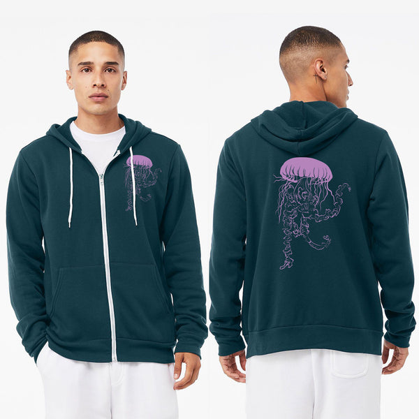 Vogue Jellyfish Deep Dark Aqua Purple Ultra Soft Sponge Fleece Zipped Hoodie