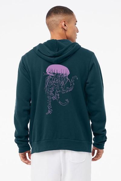 Vogue Jellyfish Deep Dark Aqua Purple Ultra Soft Sponge Fleece Zipped Hoodie
