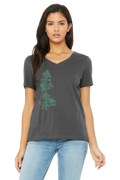 Pine Tree Flock V-Neck Tee - Women's Dark Grey Heather and Asphalt