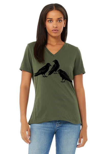 Ravens Chat - Women's V-Neck Tee Shirt Military Green