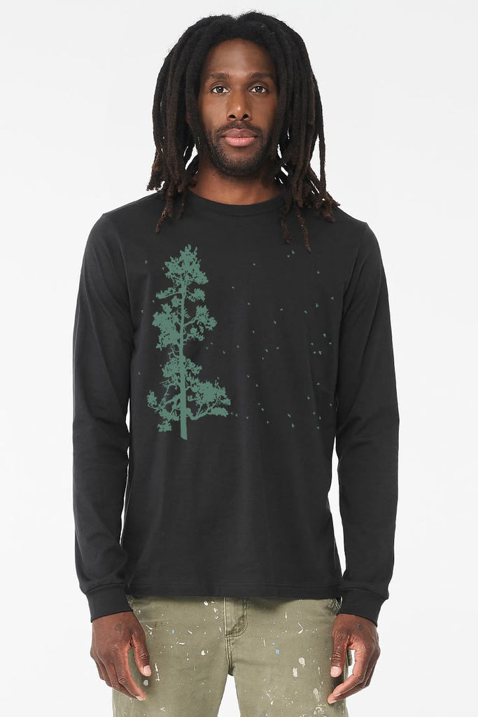 Pine Tree Flock T-Shirt - Long Sleeve Unisex Heather Deep Teal and