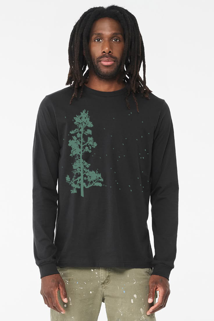 Pine Tree Flock T-Shirt - Long Sleeve Unisex Heather Deep Teal and
