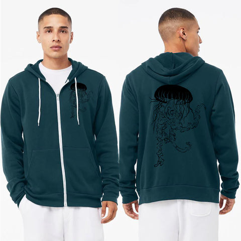 Vogue Jellyfish Deep Dark Aqua Ultra Soft Sponge Fleece Zipped Hoodie