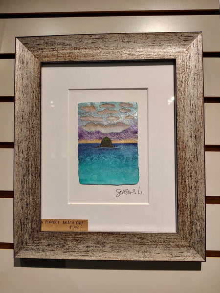A Perfect Beach Day 8x10  - Original Haystack Rock Landscape Watercolor Paintings By Seasons Kaz Sparks