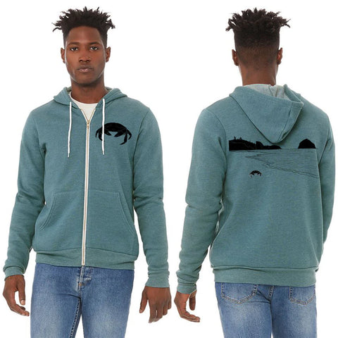 Crabby Beach Unisex Heather Deep Teal Ultra Soft Zip up Hoodie -