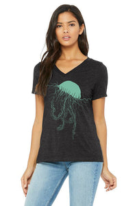 Sashay Jellyfish  T-Shirt - Women's V-Neck Dark Grey Heather
