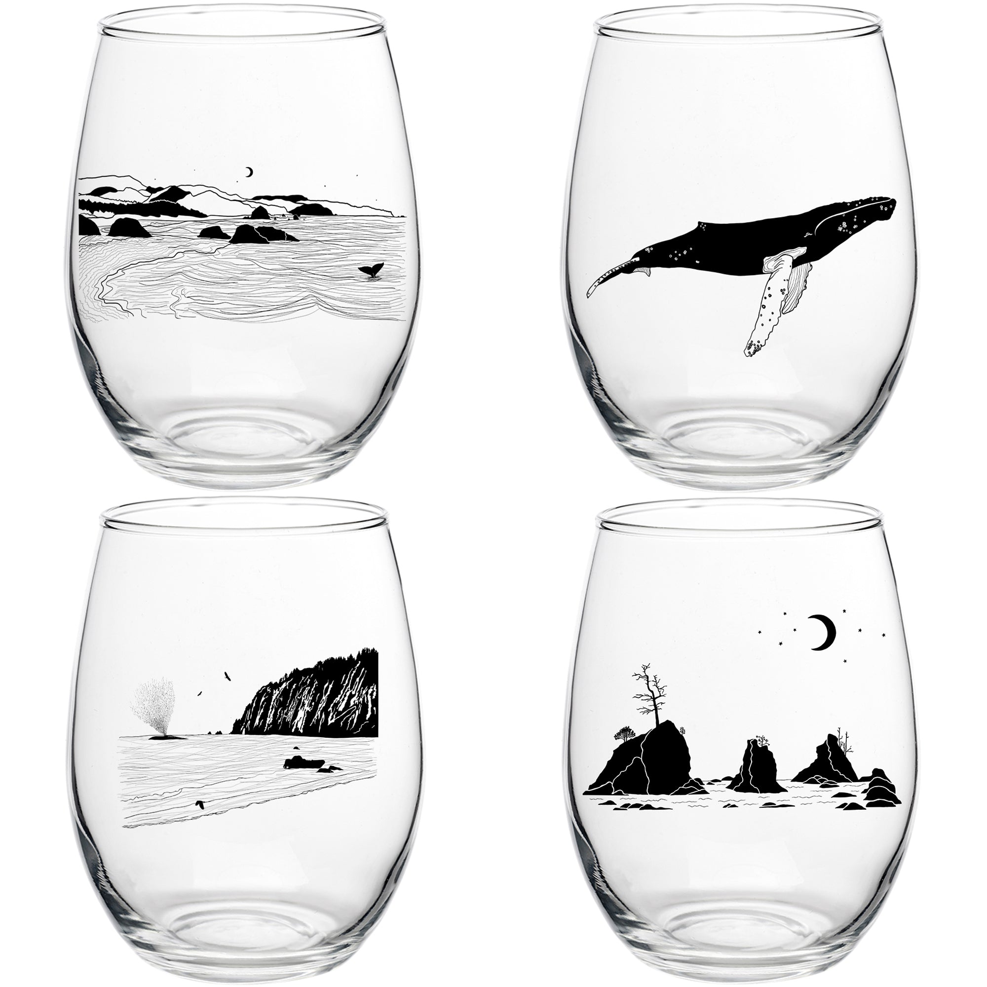 Heron Etched Stemless Wine Glasses - Set of 4