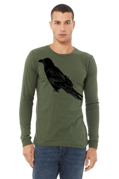 Perched Raven T-Shirt - Long Sleeve Unisex Military Green