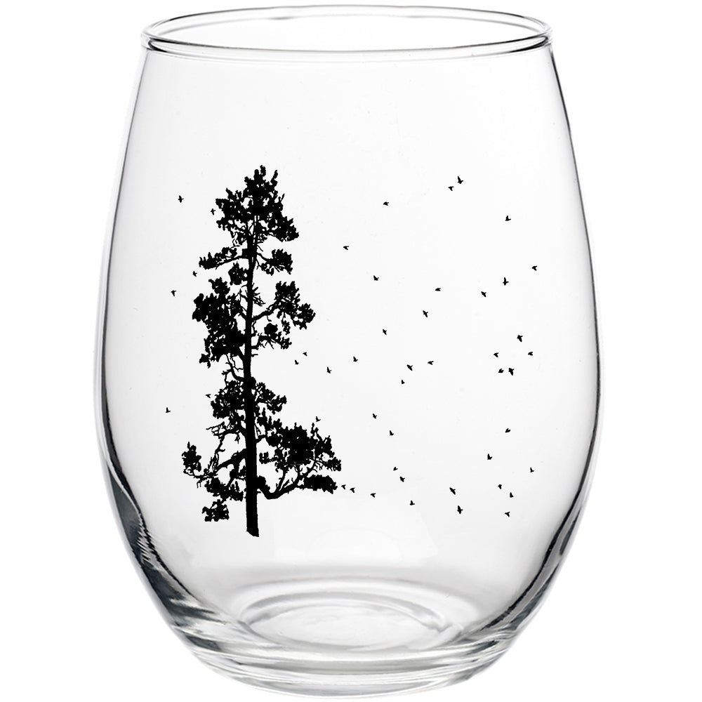Pine Tree Flock Stemless Wine Glass