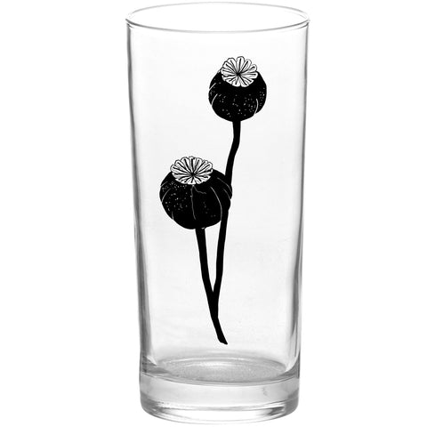 Botanical Poppy Pod Black Tall Collins Glass