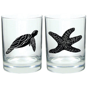 "Sea Life" Starfish & Sea Turtle Rocks Glass